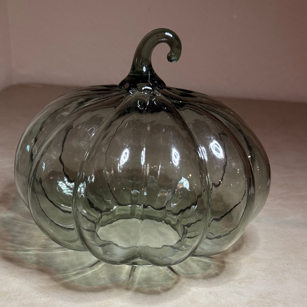 Green Glass Blown Pumpkin Fall Decor 8"